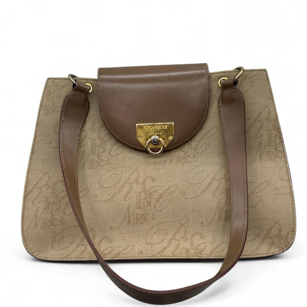 Nina Ricci Taupe Canvas Shoulder Bag with Brown Leather Trim